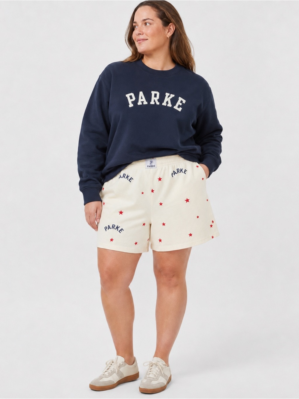 #879 PARKE Fourth of July Star Logo Shorts Cream Red Navy XL NWOT